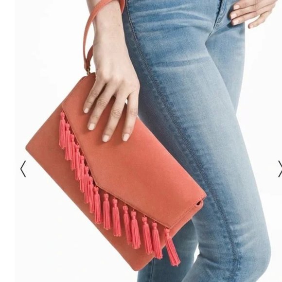 White House Black Market Handbags - WHBM Suede Tassel clutch in gelato pink